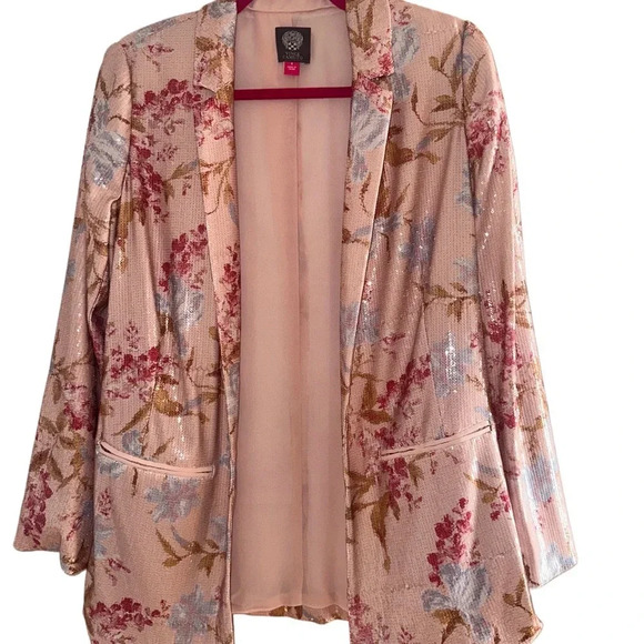 VINCE CAMUTO Sequin Floral Open Blazer light Pink Bellini Womens Size 4 - Picture 3 of 7